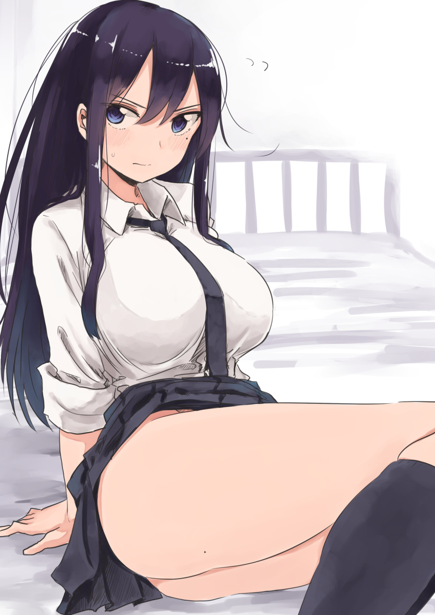 1girl, absurdres, ass, bed_frame, between_breasts, black_neckwear, blue_eyes, blush