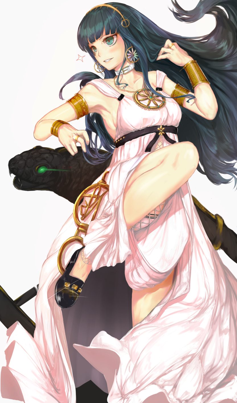 1girl, armlet, black_footwear, black_hair, blue_eyes, bracelet, cleopatra_(fate/grand_order), collar