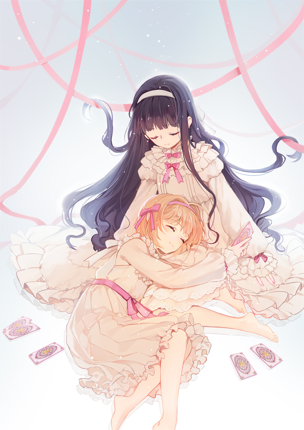 2girls, bangs, barefoot, black_hair, blunt_bangs, brown_hair, card, card_captor_sakura