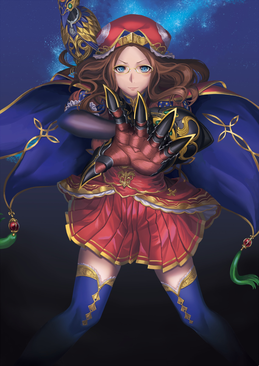 1girl, animal, animal_on_shoulder, bird_on_shoulder, blue_eyes, blue_legwear, brown_hair, cape