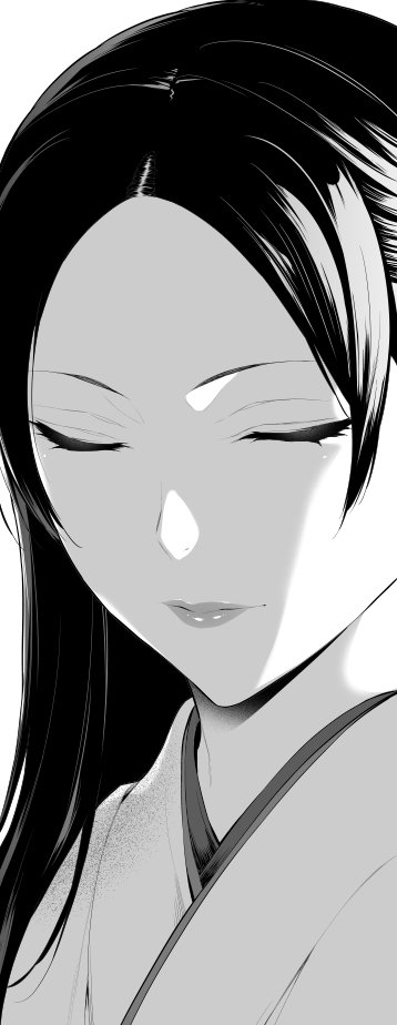 1girl, bangs, closed_eyes, closed_mouth, facing_viewer, forehead, greyscale, hiiragi_yuuichi