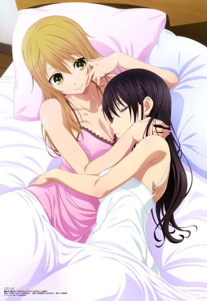 2girls, absurdres, aihara_mei, aihara_yuzu, bed, black_hair, blonde_hair, blue_pillow