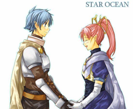 1boy, 1girl, blue_eyes, blue_hair, breasts, gloves, long_hair, millie_chliette, open_mouth, pink_hair, pointy_ears, ponytail, roddick_farrence, short_hair, smile, star_ocean, star_ocean_first_departure