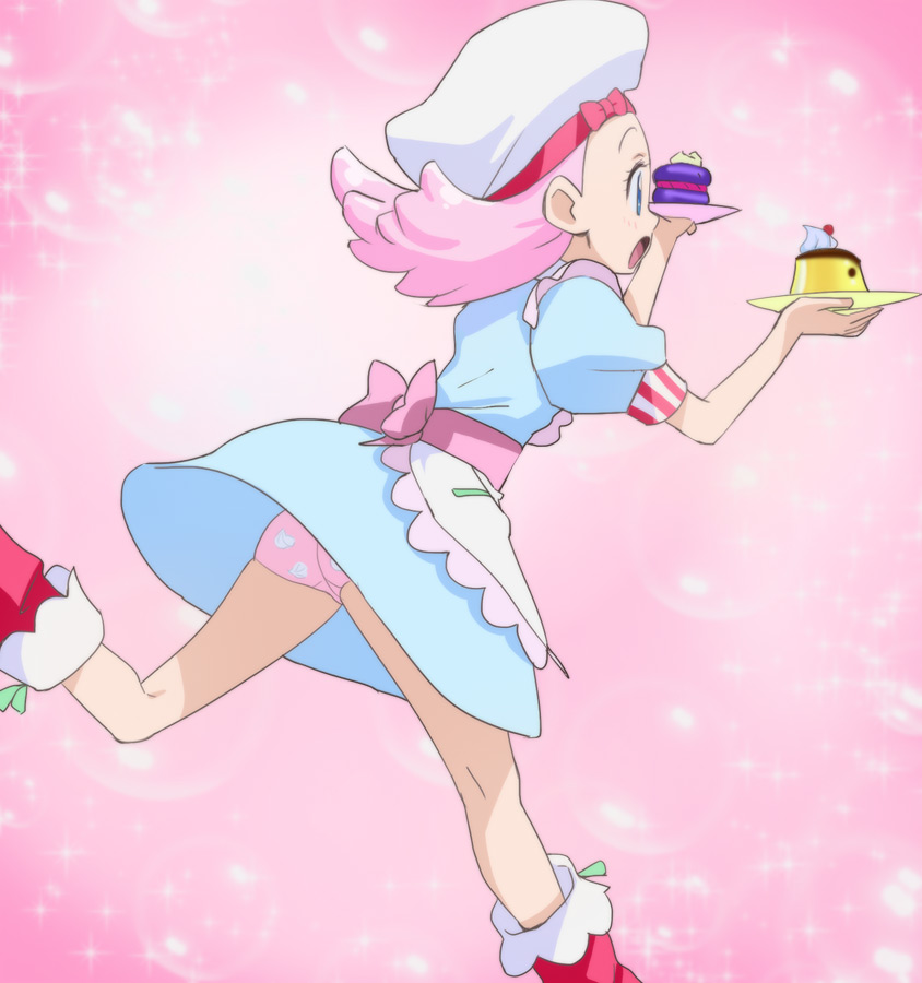 1girl, cake, food, haruyama_kazunori, hat, kirakira_precure_a_la_mode, macaron, open_mouth