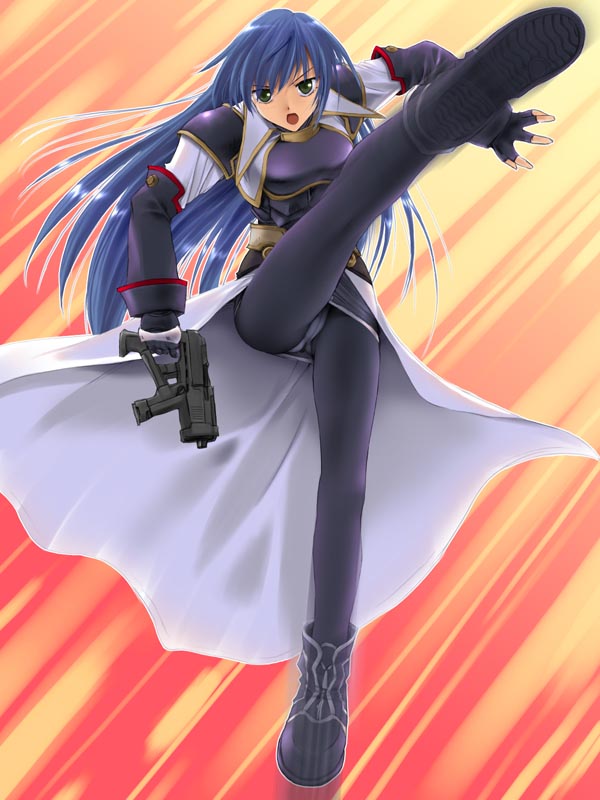 1girl, blue_hair, breasts, gloves, long_hair, maria_traydor, panties, pin.x