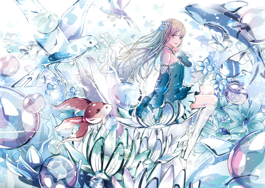 1girl, absurdres, armlet, bird, blonde_hair, blue_dress, bubble, detached_sleeves