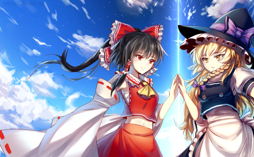 2girls, apron, ascot, bangs, beam, black_hair, black_hat, black_skirt