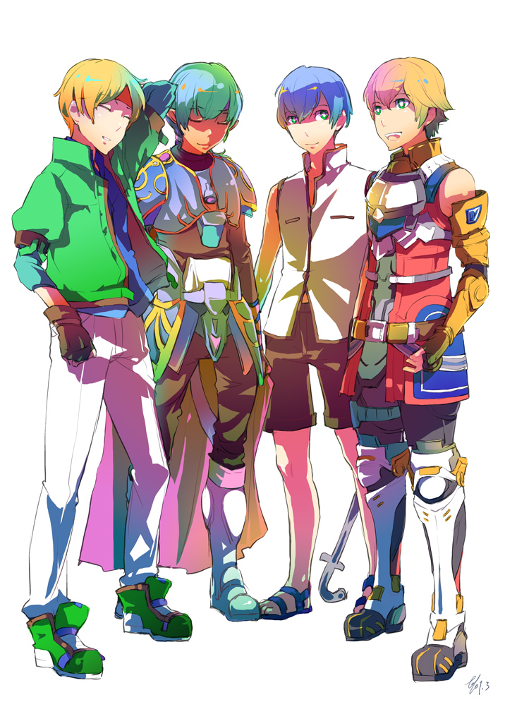 4boys, armor, blonde_hair, blue_hair, boots, claude_kenni, commentary_request, crossover