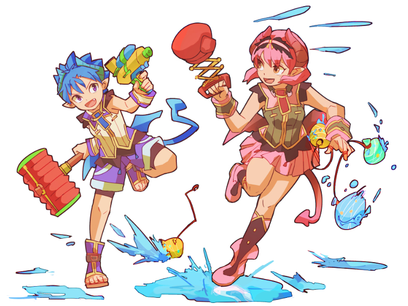 1boy, 1girl, blue_hair, blush, dark_skin, demon_boy, demon_girl, demon_tail
