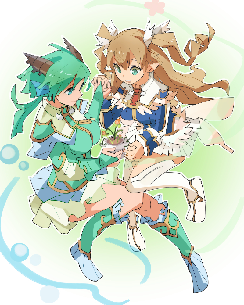 2girls, aqua_eyes, aqua_hair, blonde_hair, boots, clarice_umbra, drill_hair, erika_oldenburg