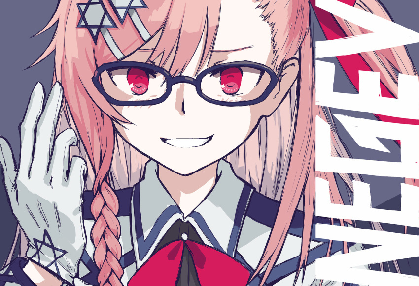 1girl, asymmetrical_hair, bangs, blue-framed_eyewear, blue_background, blush, bow, braid