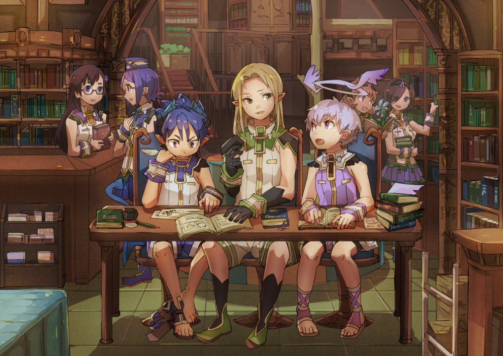 3boys, 4girls, angel, angel_wings, blonde_hair, blue_hair, blush, book
