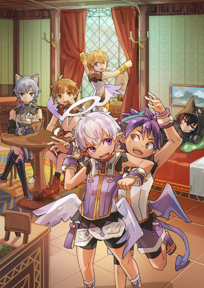 6+boys, angel, angel_wings, animal_ears, animal_hood, bed, black_eyes, black_hair