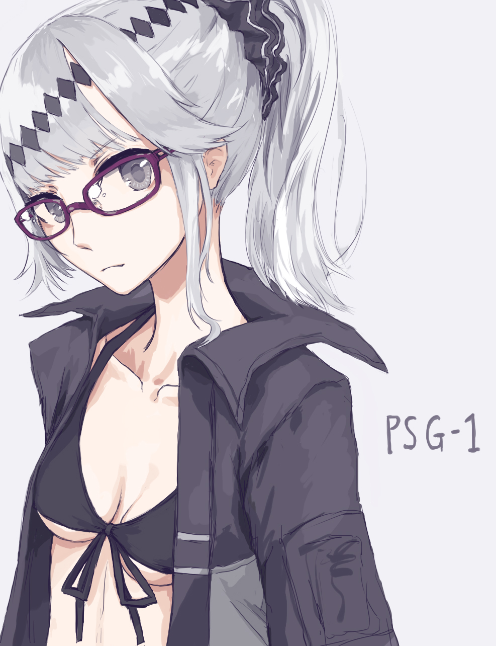 1girl, bikini_top, black_bikini_top, black_jacket, breasts, character_name, cleavage, closed_mouth, collarbone, eyebrows_visible_through_hair, girls_frontline, glasses, grey_hair, hair_between_eyes, hair_ornament, head_tilt, highres, jacket, looking_at_viewer, medium_breasts, open_clothes, open_jacket, papaia_(quentingqoo), ponytail, psg-1_(girls_frontline), purple-framed_eyewear, scrunchie, sidelocks, solo