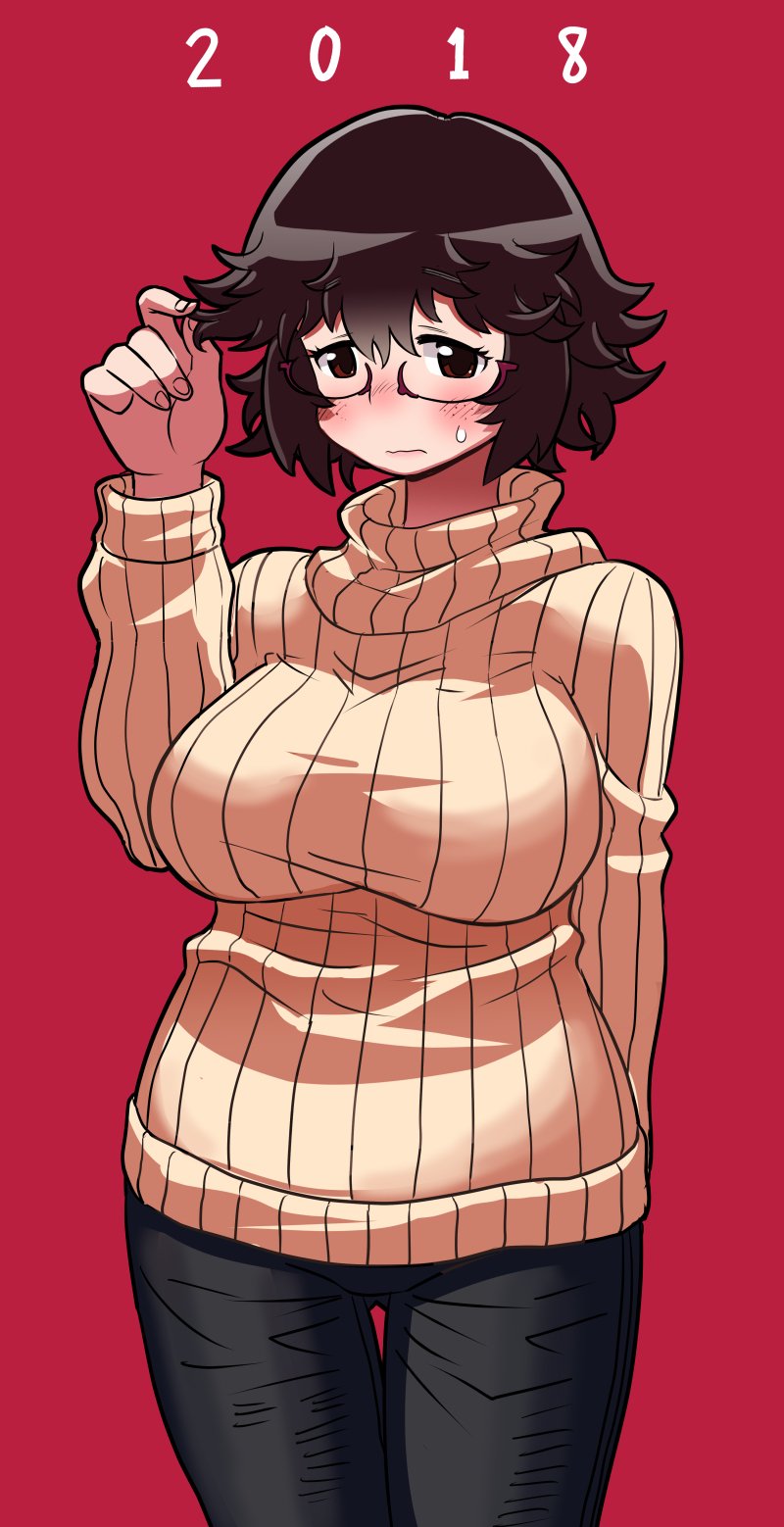 1girl, 2018, alternate_hairstyle, black_hair, blush, breasts, brown_eyes, commentary
