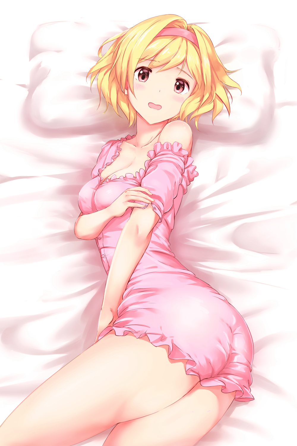 1girl, ass, bare_legs, bare_shoulders, blonde_hair, blush, breasts, brown_eyes