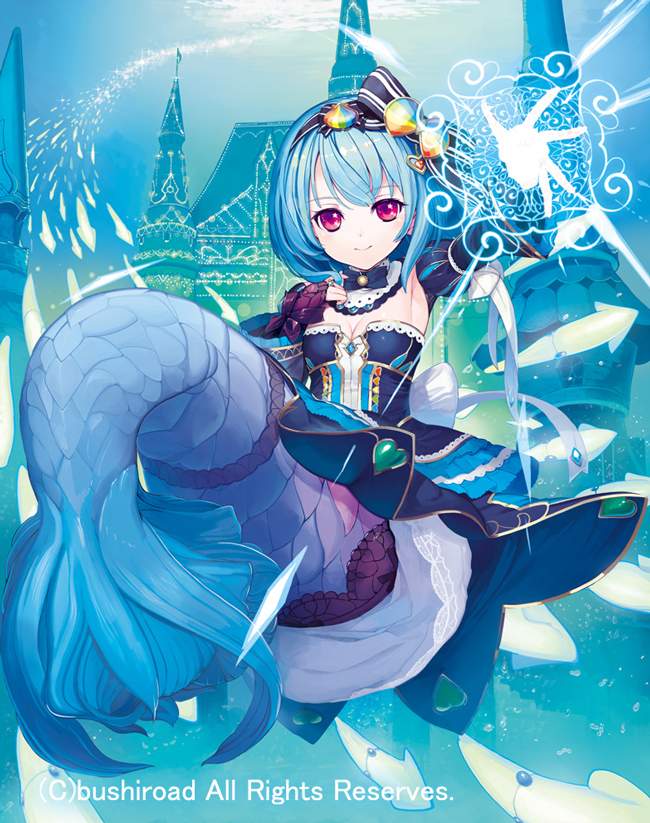1girl, blue_hair, bow, breasts, cardfight!!_vanguard, chouchou_namig, cleavage, company_name