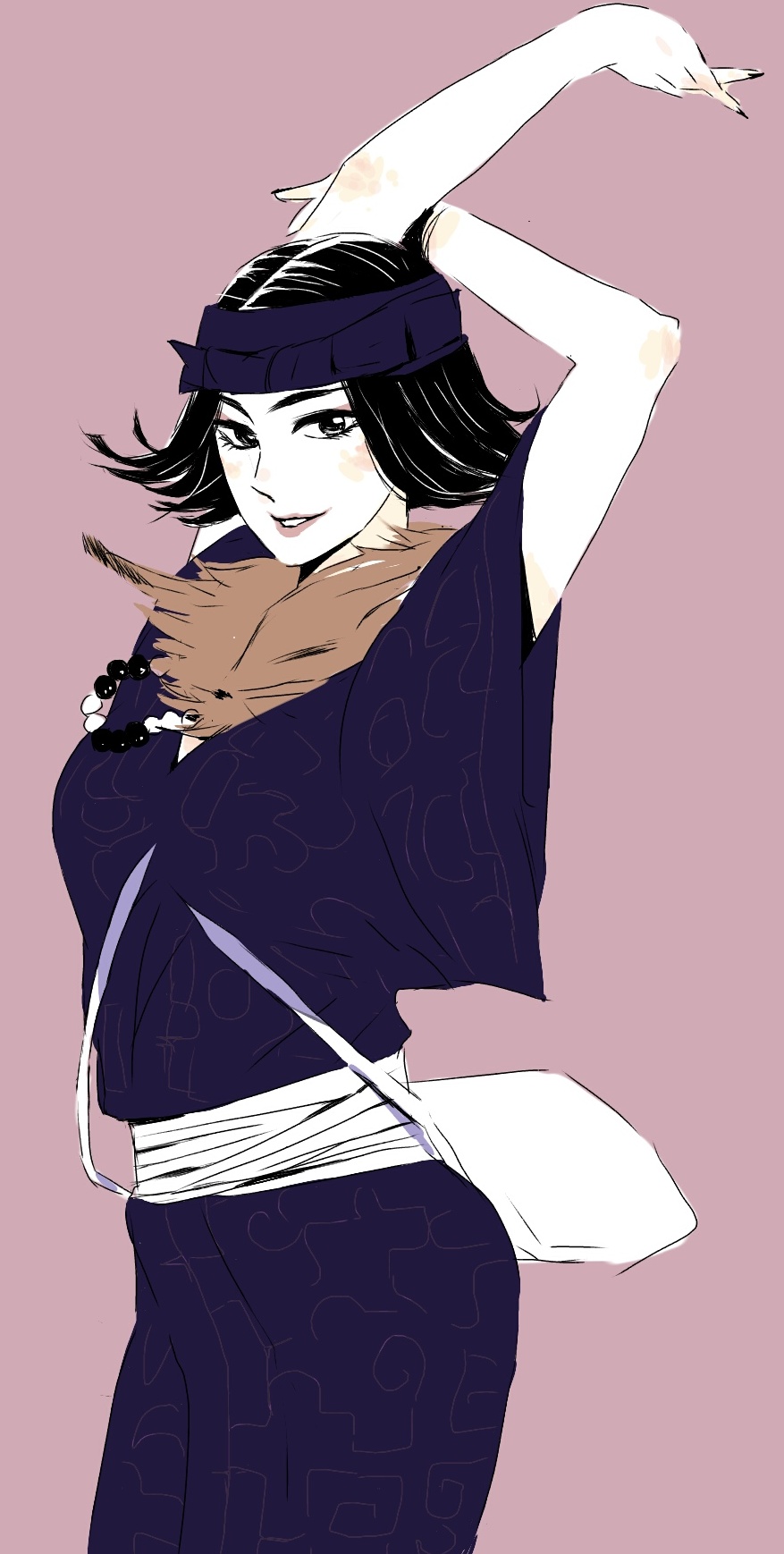 1girl, ainu, ainu_clothes, arms_up, bandanna, bangs, black_hair, flipped_hair, fur, golden_kamuy, highres, inkarmat, looking_at_viewer, maccha_colo, parted_bangs, short_hair, smile, solo, stretch