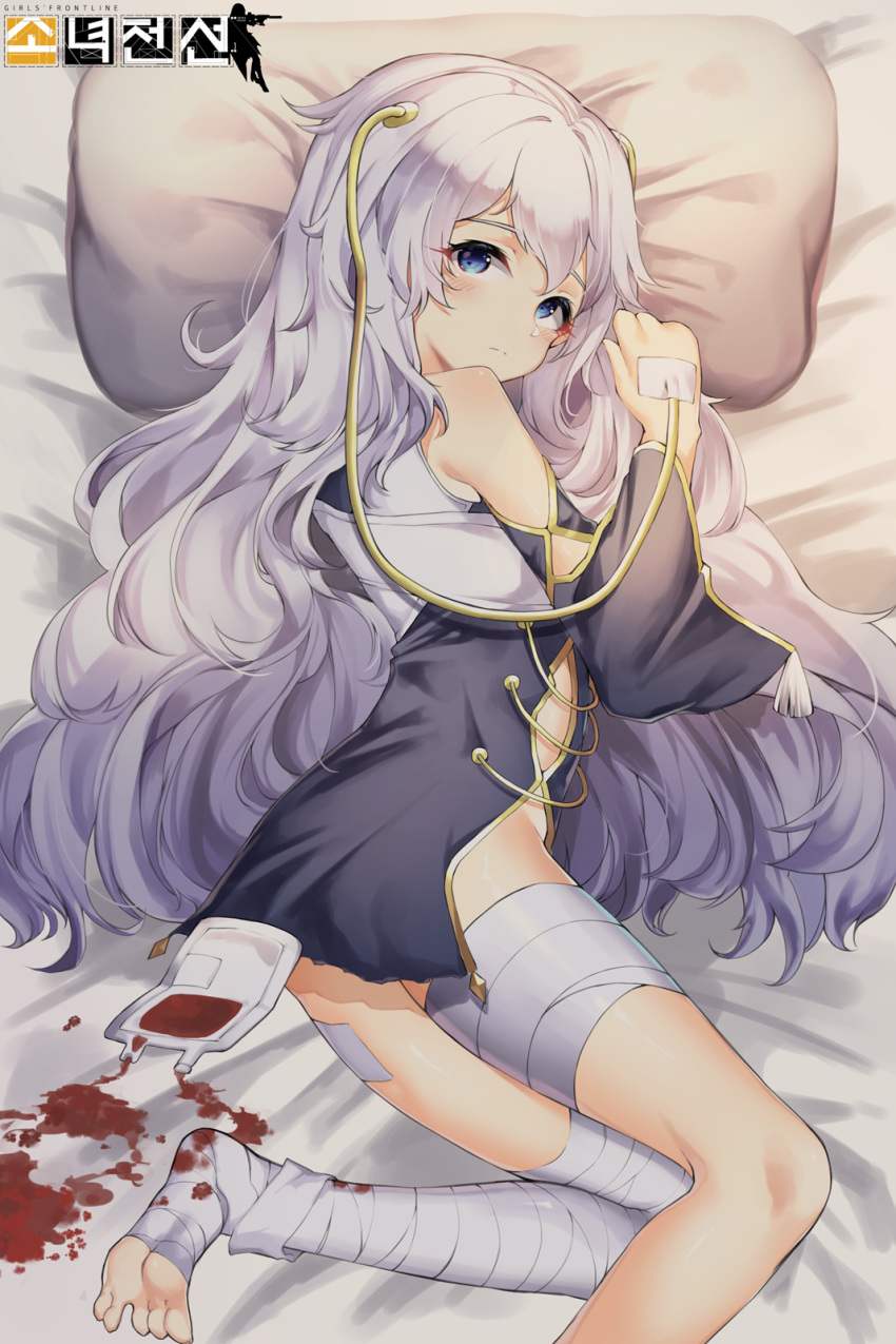 1girl, bandage, bandaged_leg, bangs, bed, bed_sheet, bil-ajeossi, blood