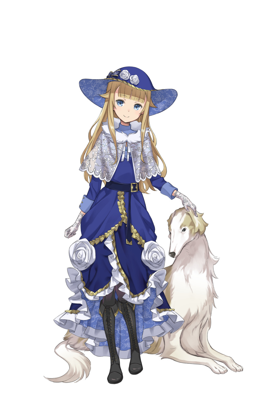 1girl, belt, black_footwear, blonde_hair, blue_dress, blue_eyes, blue_hat, boots