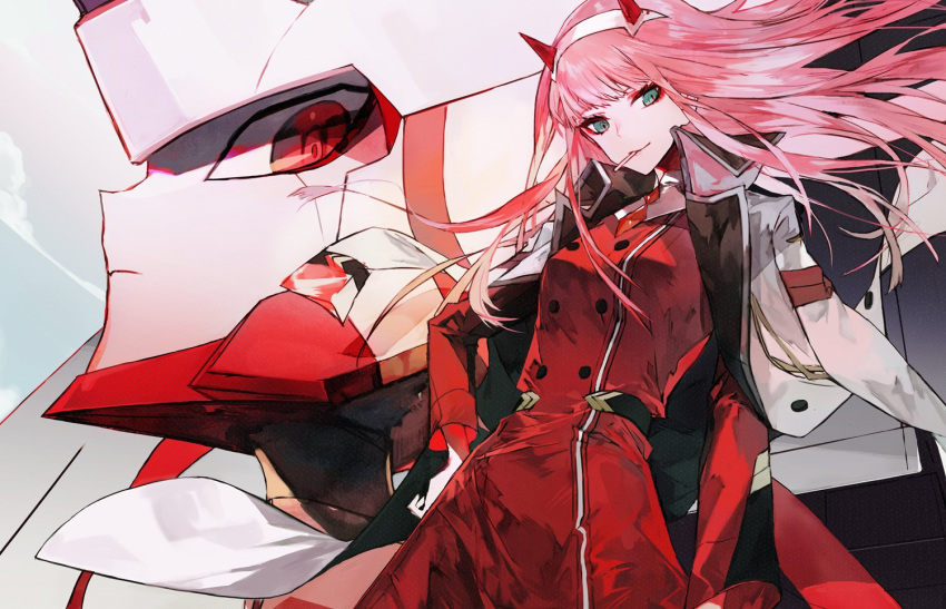 1girl, darling_in_the_franxx, green_eyes, long_hair, mecha, mo_(mocopo), necktie, pink_hair
