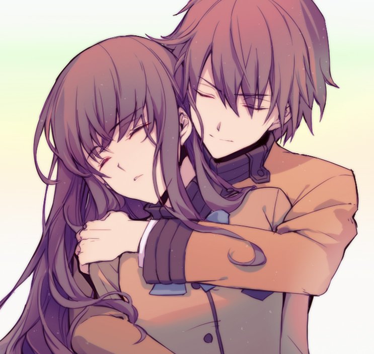 1boy, 1girl, brown_hair, closed_eyes, commentary_request, fate/extra, fate_(series), hug, hug_from_behind, kishinami_hakuno_(female), kishinami_hakuno_(male), liusang, school_uniform