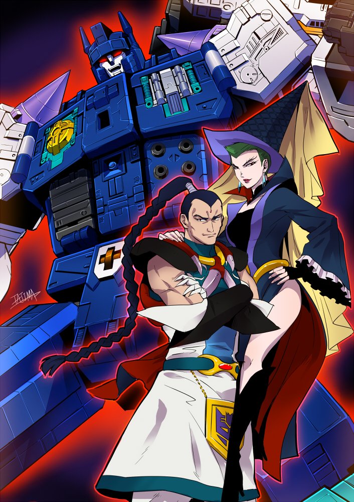 1girl, 2boys, 80s, decepticon, dress, full_body, giga_(masterforce, glowing