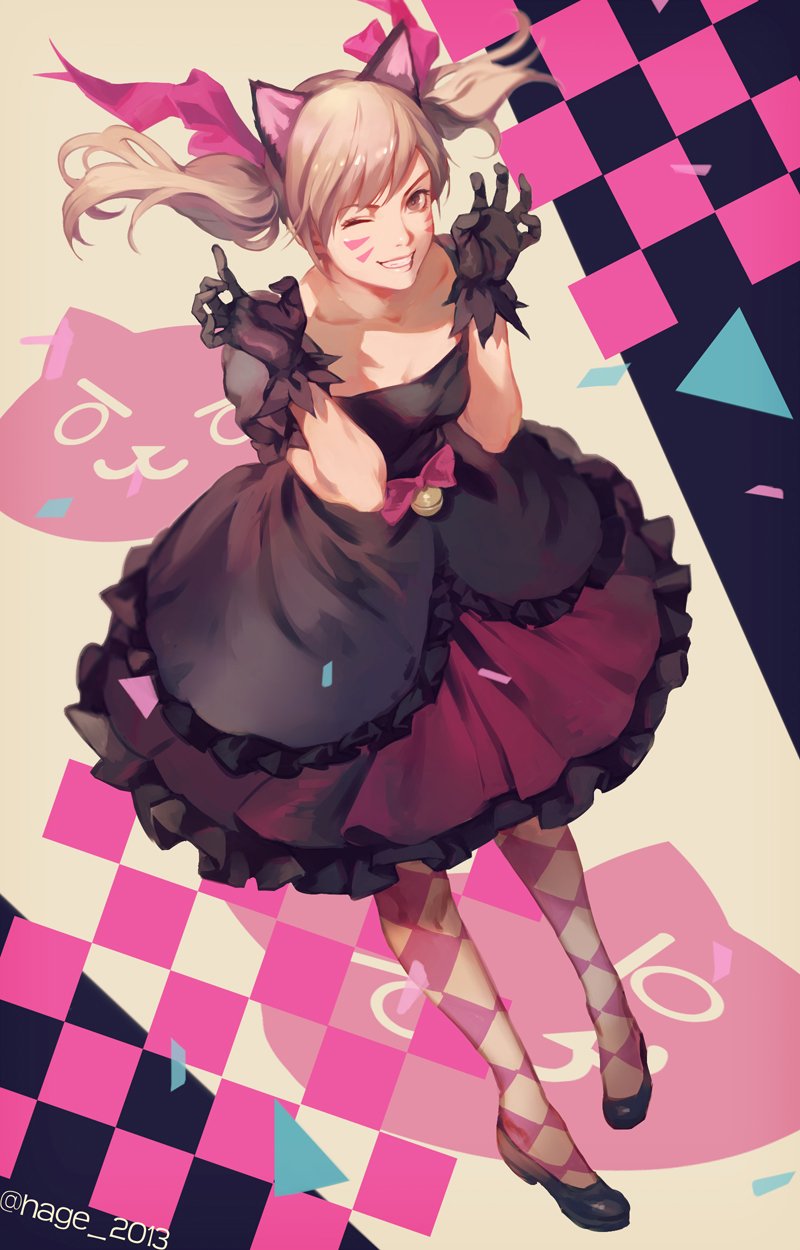 1girl, :3, animal_ears, arms_up, artist_name, bangs, bell, black_cat_d.va