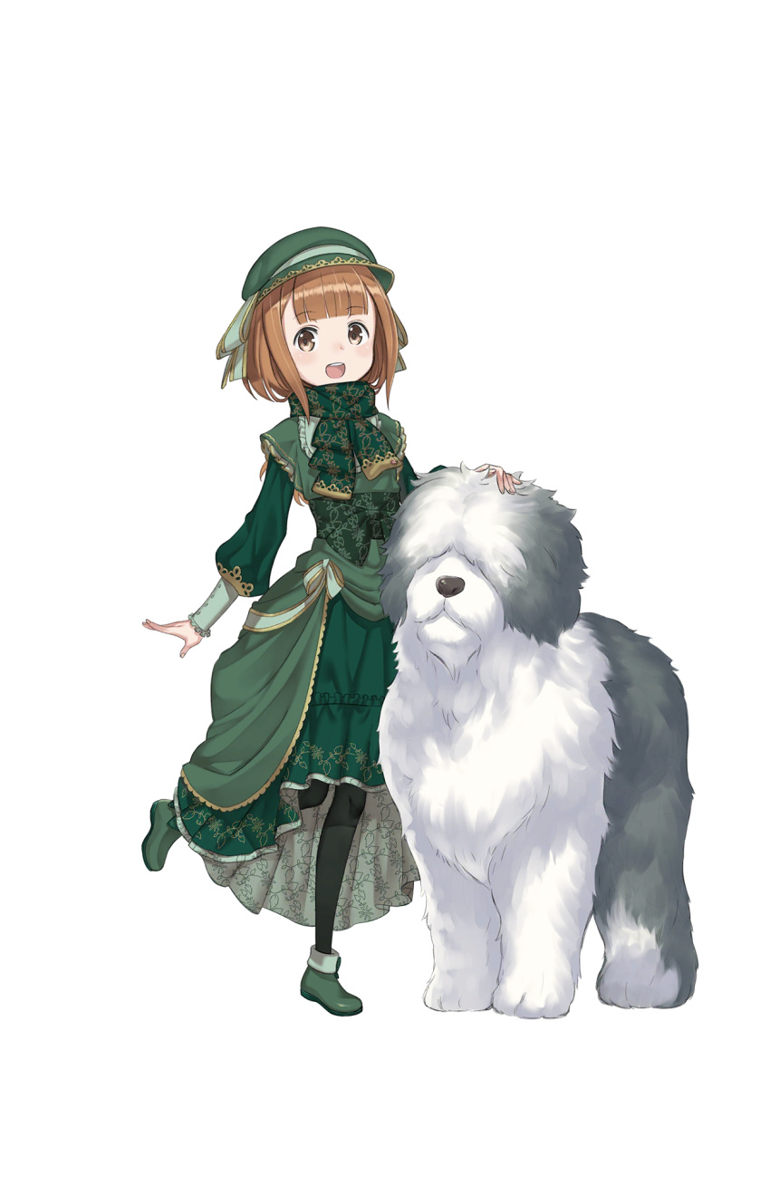 1girl, :d, bangs, beatrice_(princess_principal), black_legwear, blunt_bangs, brown_eyes, brown_hair, dress, full_body, green_dress, green_footwear, green_hat, hat, highres, looking_at_viewer, official_art, open_mouth, princess_principal, princess_principal_game_of_mission, sheep_dog, shoes, short_hair, smile, solo, standing, standing_on_one_leg, transparent_background