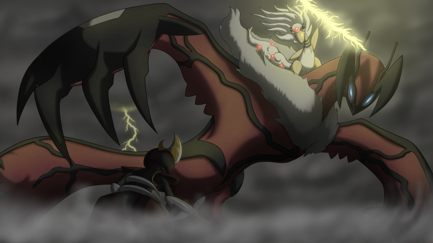 ampharos, bisharp, blue_eyes, cryomancer, glowing, glowing_eyes, grey_sky, highres, lightning_bolt, mega_ampharos, no_humans, outdoors, pokemon, pokemon_(creature), yellow_eyes, yveltal