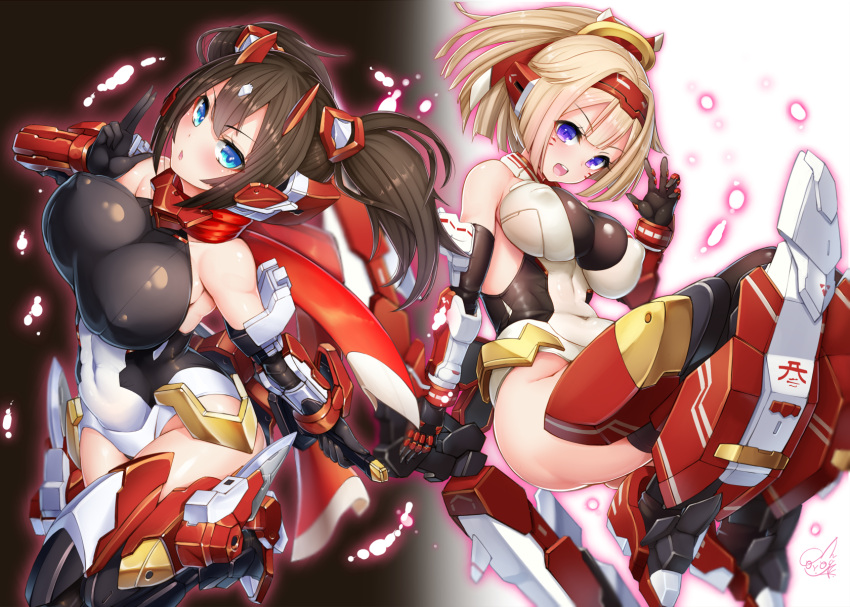 2girls, :o, armor, armored_boots, asura_archer, asura_ninja, bangs, bare_shoulders