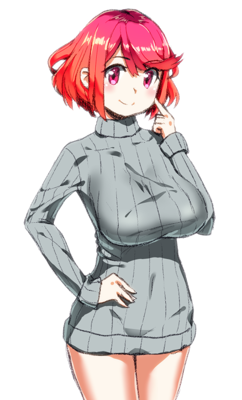 1girl, blush, breasts, fingerless_gloves, gloves, pyra_(xenoblade), jewelry, large_breasts, looking_at_viewer, red_eyes, redhead, short_hair, simple_background, smile, solo, sturm, sweater, tiara, white_background, xenoblade, xenoblade_2