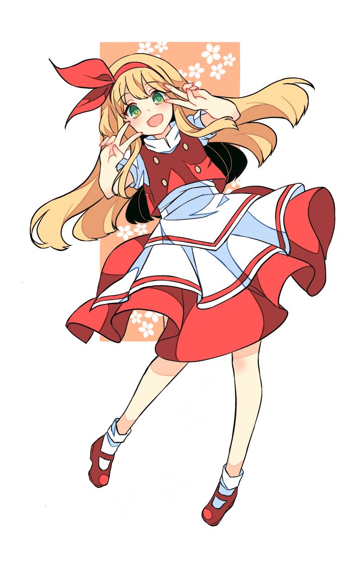1girl, :d, apron, blonde_hair, bobby_socks, double_v, ellen, floral_background, full_body, green_eyes, hair_ribbon, hairband, haya_taro_pochi, long_hair, looking_at_viewer, open_mouth, puffy_short_sleeves, puffy_sleeves, red_footwear, red_hairband, red_ribbon, red_skirt, red_vest, ribbon, short_sleeves, skirt, smile, socks, solo, touhou, touhou_(pc-98), v, vest, waist_apron, white_apron, white_legwear