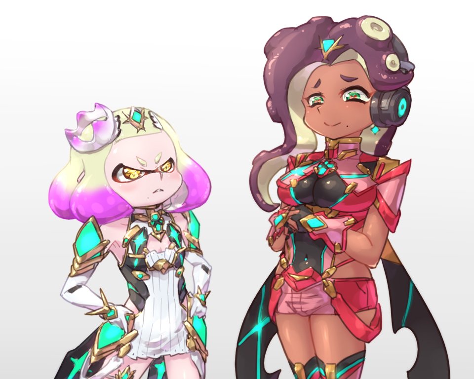 2girls, angry, armor, blush, breasts, cephalopod_eyes, cleavage, cosplay