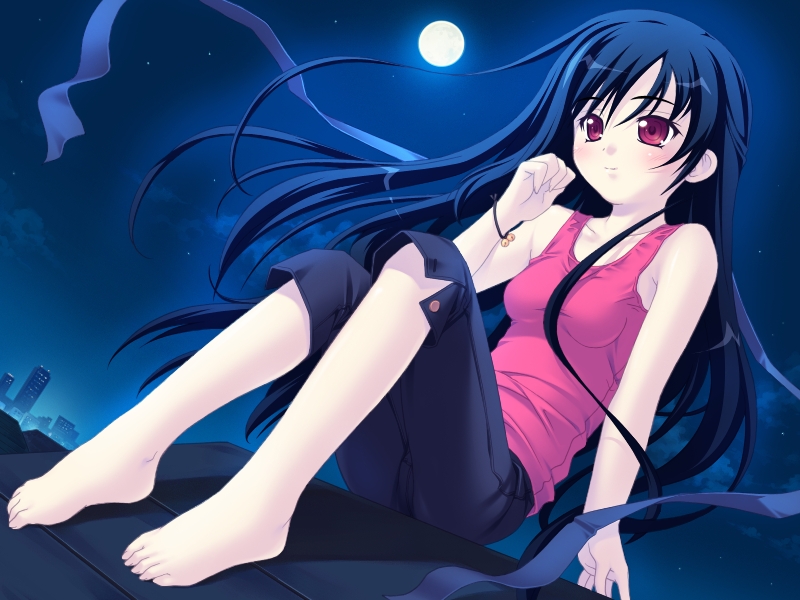 black_hair, casual, dutch_angle, feet, game_cg, kamiki_setsura, long_hair, moon