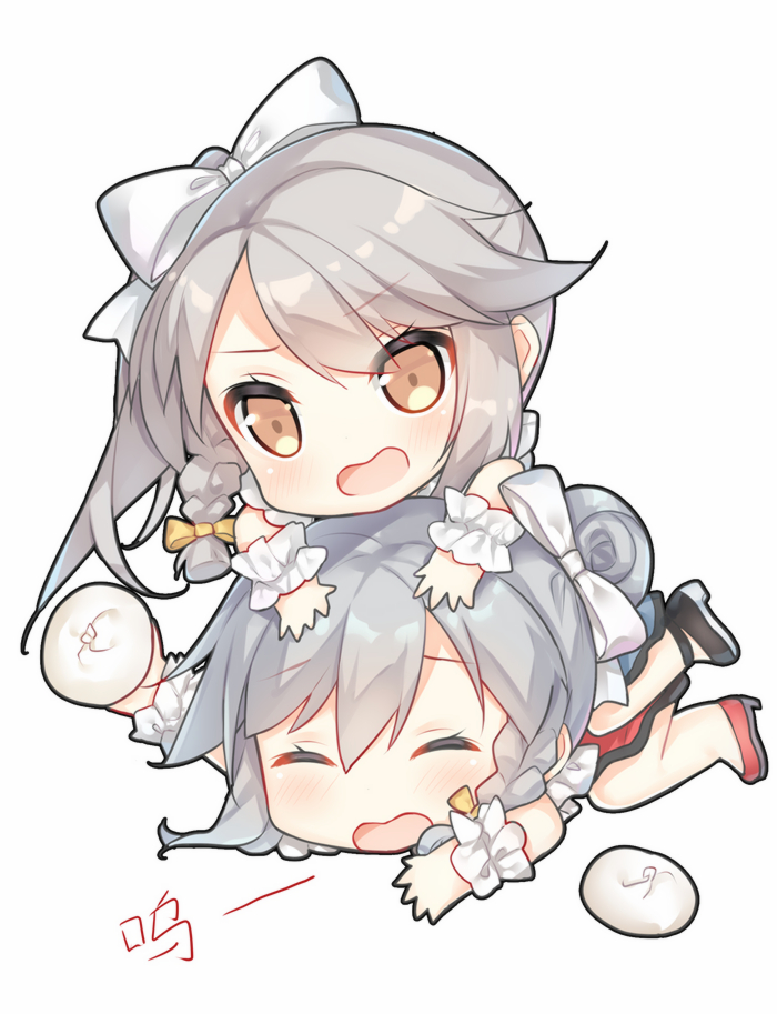 2girls, brown_eyes, chibi, closed_eyes, food, hair_ribbon, multiple_girls, ning_hai_(zhan_jian_shao_nyu)