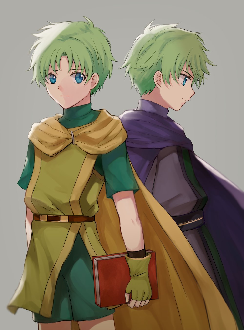 2boys, back-to-back, blue_eyes, cloak, fingerless_gloves, fire_emblem, fire_emblem:_fuuin_no_tsurugi, gloves