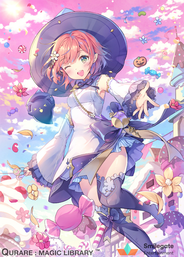 >o<, 1girl, ;d, armpit_peek, bangs, blue_bow, blue_flower, blue_hat, blue_sky, blush, boots, bow, braid, breasts, candy, candy_cane, chains, cherry, clouds, cloudy_sky, company_name, copyright_name, day, dessert, detached_sleeves, dress, eyebrows_visible_through_hair, falling_petals, floating_hair, flower, food, french_braid, frilled_sleeves, frills, from_below, fruit, ghost, gradient_sky, green_eyes, hair_flower, hair_ornament, hat, holding, holding_candy, holding_candy_cane, holding_food, holding_lollipop, house, ice_cream, jelly_bean, key, leg_up, lollipop, long_sleeves, looking_at_viewer, neck_ribbon, official_art, one_eye_closed, open_mouth, outdoors, outstretched_arm, outstretched_hand, oversized_object, petals, pink_hair, pink_sky, pointy_ears, purple_footwear, purple_ribbon, qurare_magic_library, reaching, red_flower, ribbon, round_teeth, shiny, shiny_hair, short_dress, short_hair, sky, sleeveless, sleeveless_dress, small_breasts, smile, standing, standing_on_one_leg, sun, sunlight, teeth, thigh-highs, thigh_boots, vanilla_ice_cream, white_dress, white_flower, wide_sleeves, window, witch_hat, yellow_flower, yeonwa