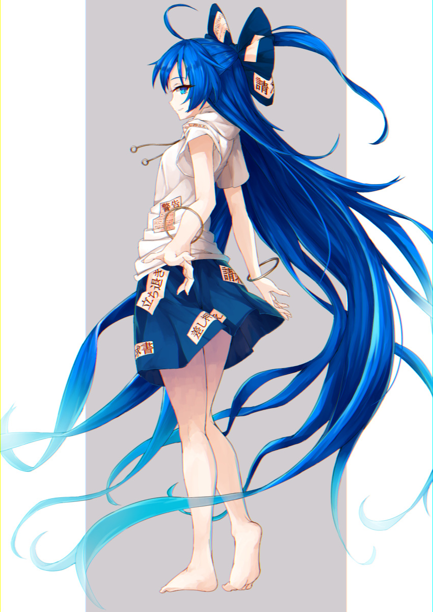 1girl, absurdly_long_hair, absurdres, ahoge, bangle, bare_arms, bare_legs, barefoot