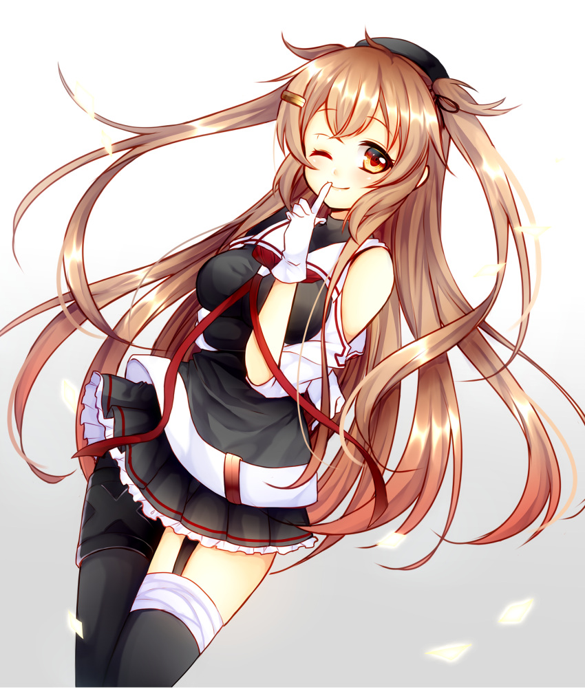 1girl, absurdres, asymmetrical_clothes, asymmetrical_legwear, beret, black_hat, black_legwear, black_serafuku