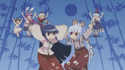 animated, animated_gif, artist_request, bamboo, bamboo_forest, battle, bump, butt_bump, closed_eyes, dancing, dress, everyone, forest, frown, fujiwara_no_mokou, full_moon, gif, hat, houraisan_kaguya, imperishable_night, inaba_tewi, kamishirasawa_keine, long_hair, long_skirt, moon, multicolored_hair, multiple_girls, nature, pleated_skirt, red_eyes, reisen_udongein_inaba, rivalry, skirt, touhou, touhou_anime_project, very_long_hair, yagokoro_eirin