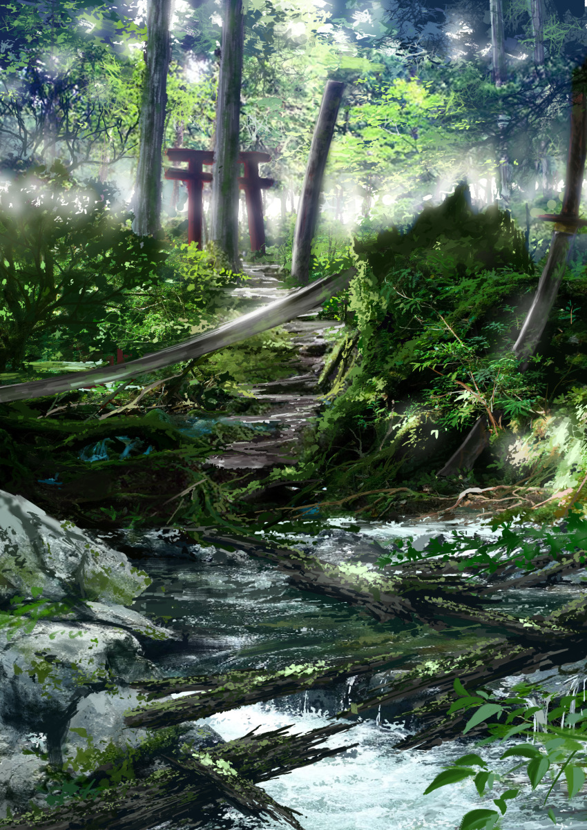 absurdres, bare_tree, dappled_sunlight, day, fantasy, forest, highres, landscape, nature, no_humans, original, outdoors, pajaman, plant, river, rock, scenery, sunlight, torii, tree