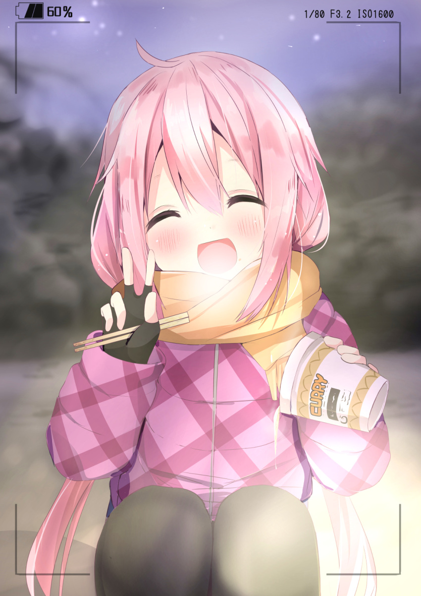 1girl, :d, ^_^, bangs, black_gloves, black_legwear, blurry, blurry_background