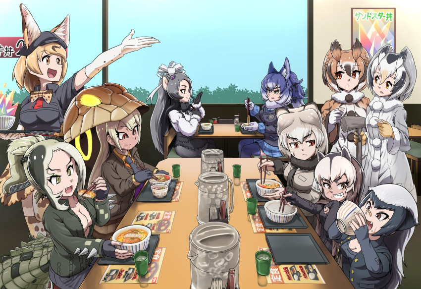 6+girls, animal_ears, anteater_ears, arm_up, bandaid, bandaid_on_nose, bear_ears, black_gloves