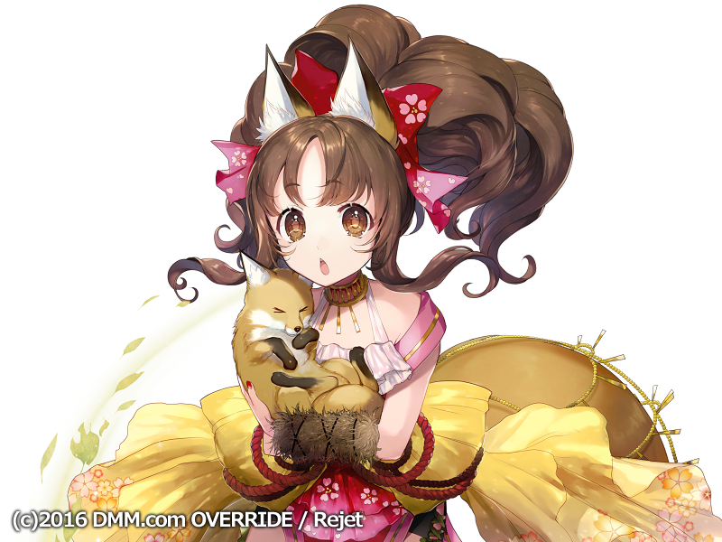1girl, animal, animal_ears, bangs, bow, brown_eyes, brown_hair, commentary_request, dress, eyebrows_visible_through_hair, floral_print, fox, fox_ears, hair_bow, high_ponytail, holding, holding_animal, icchi_banketsu, long_hair, looking_at_viewer, momoshiki_tsubaki, official_art, parted_lips, pink_dress, ponytail, print_bow, print_dress, red_bow, sidelocks, solo, upper_teeth, white_background