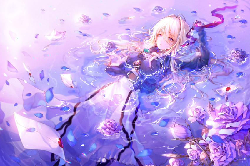 1girl, ahoge, arm_up, ascot, bangs, black_footwear, blonde_hair, blue_jacket
