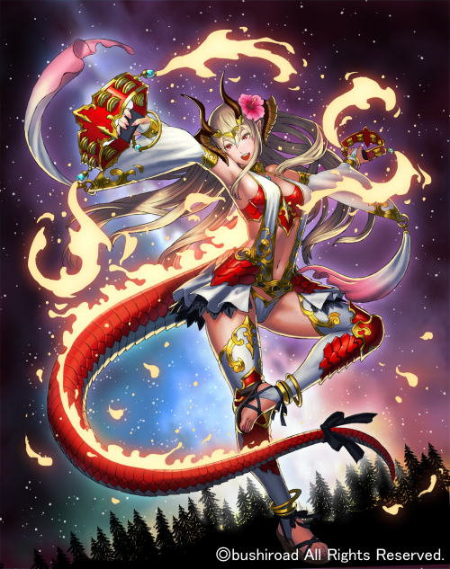 1girl, blonde_hair, bracelet, breasts, cardfight!!_vanguard, cleavage, dragon_dancer_nilda, dragon_tail