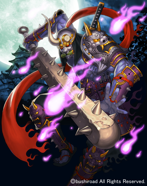 1boy, abs, architecture, blue_skin, cardfight!!_vanguard, east_asian_architecture, fire, helmet