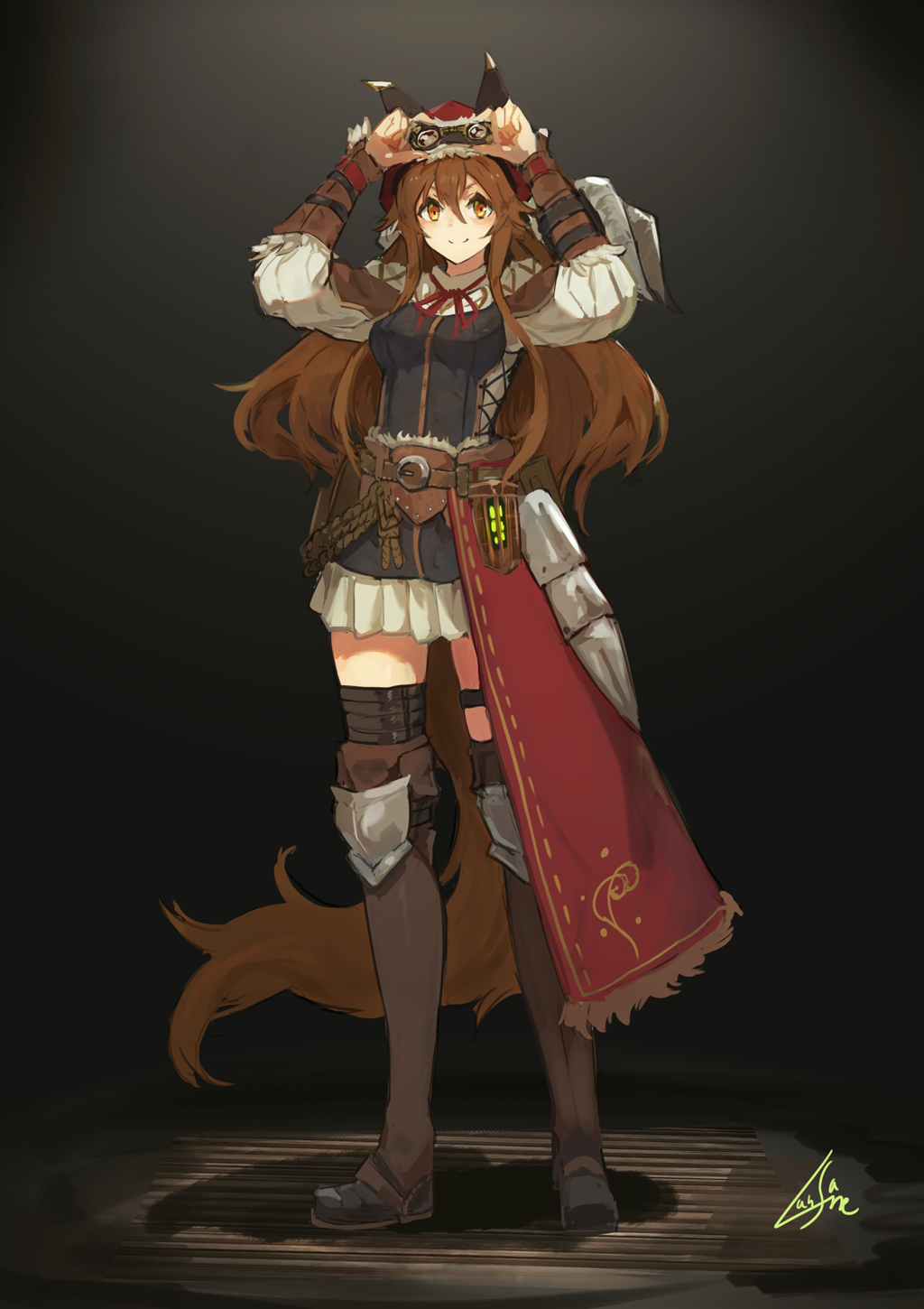 1girl, adjusting_goggles, alternate_costume, animal_ears, armor, belt, black_background, black_legwear
