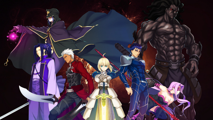 3girls, 4boys, abs, ahoge, archer, armor, armored_dress, artoria_pendragon_(all)